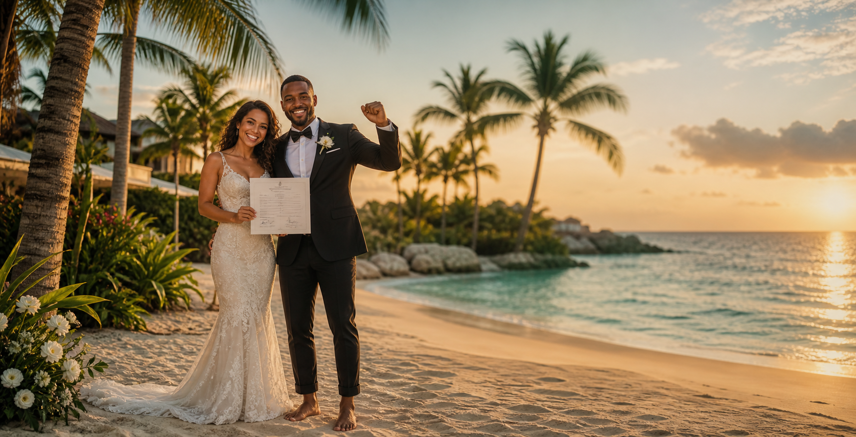 A joyful newly married couple holding signed wedding documents on a Florida beach framed by palm trees