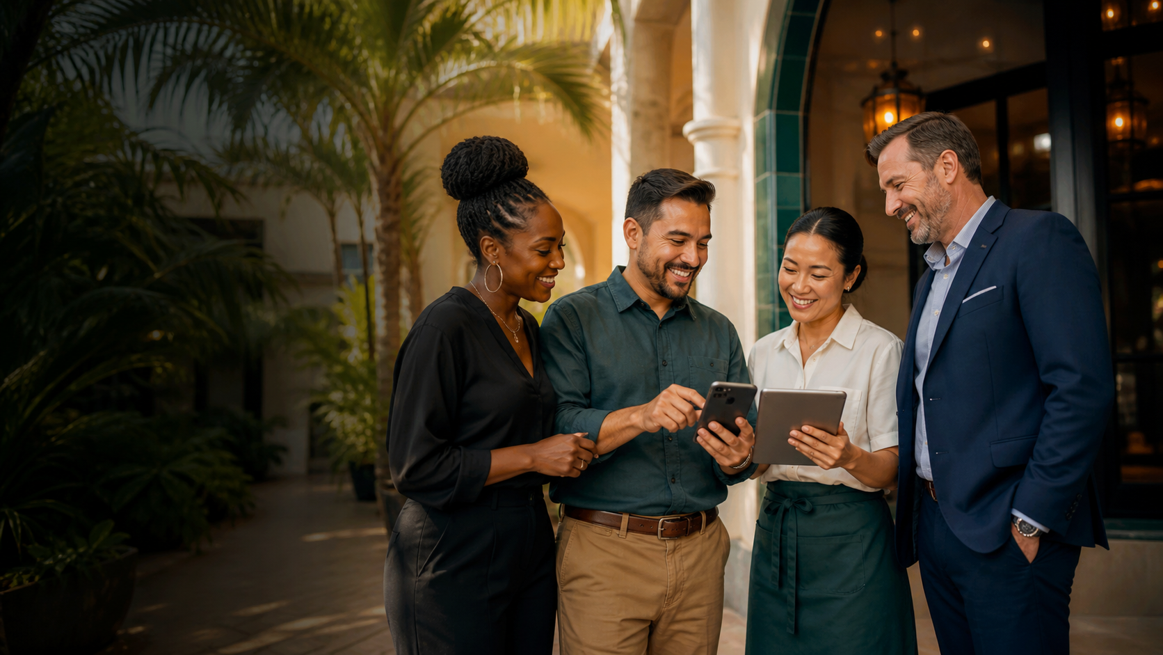 Four diverse Florida business owners collaborating with a phone and tablet in a tropical courtyard