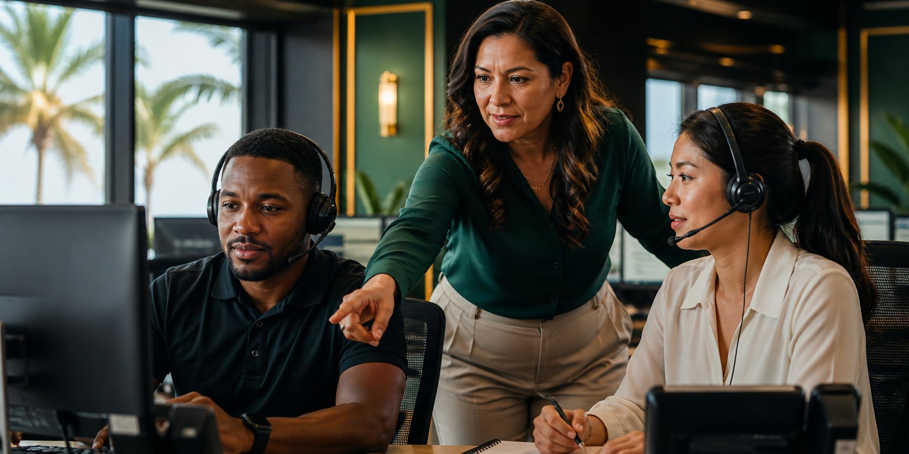 A diverse three-person Prestige customer support and dispatch team collaborating in a Florida office