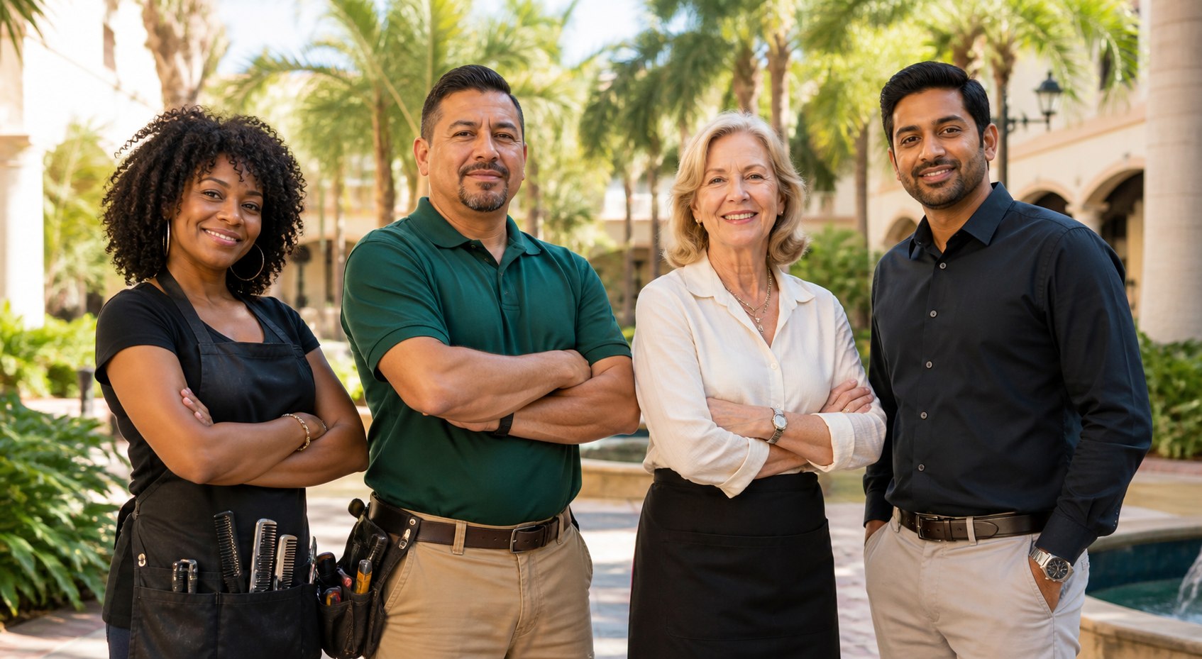 Four diverse and satisfied Florida small-business customers in a tropical courtyard